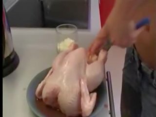 Naked coed making dinner for suitor